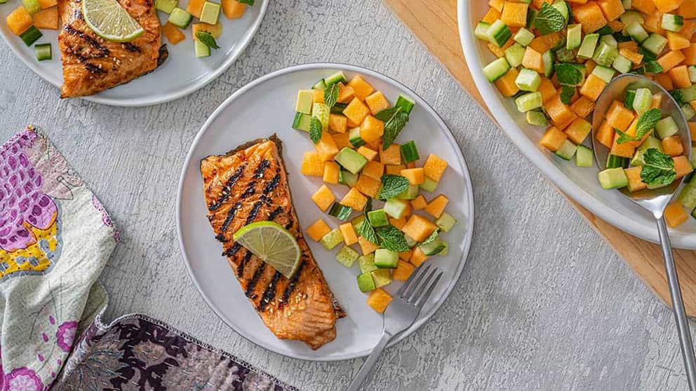 Teriyaki Grilled Trout with Avocado, Cucumber and Melon